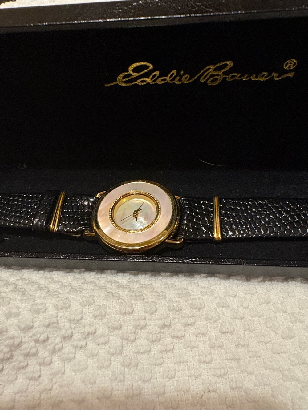 Eddie Bauer Black Leather Strap Watch with Gold Accents and Mother-of-Pearl Dial